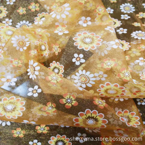 Elegant high quality organza gold foil print fabric for wedding dress